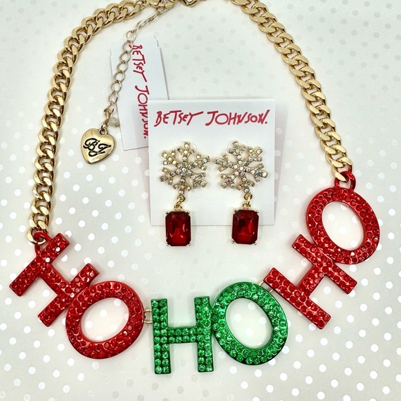 Betsey Johnson ‘Ice Queen’ HoHoHo Necklace & Snowflake/Red Earrings NWT! - Picture 2 of 10